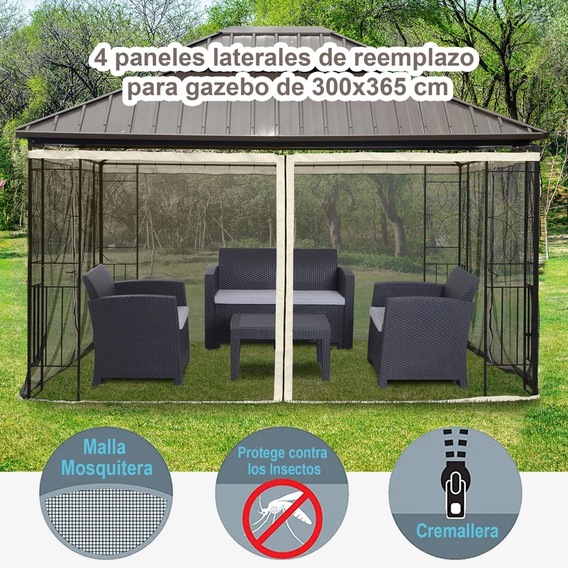 Outsunny 4 Paneles Laterales 3,4x2 cm para Carpa de Jardín Tela Mosquitera para Cenador Gazebo con Cremalleras y Anillas Negro
