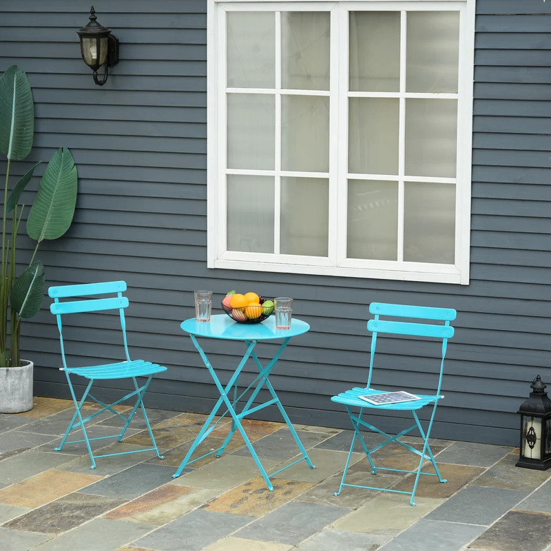 Outsunny Conjunto Muebles Plegables de Jardín de 3 piezas Mesa y 2 Sillas de Metal para Balcón Terraza Exteriores Ø60x71 cm Azul