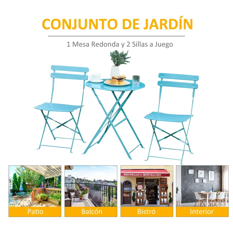 Outsunny Conjunto Muebles Plegables de Jardín de 3 piezas Mesa y 2 Sillas de Metal para Balcón Terraza Exteriores Ø60x71 cm Azul