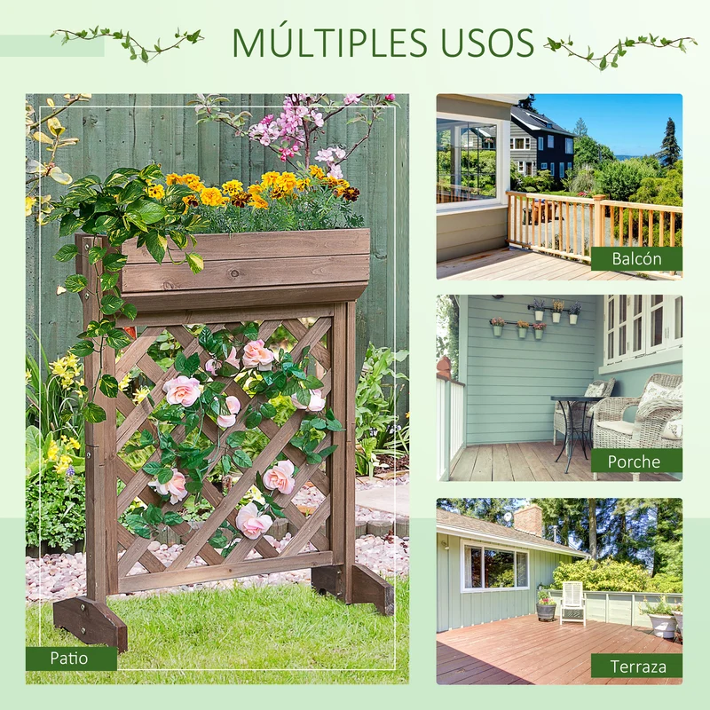 Outsunny Jardinera con Enrejado de Madera Maciza Soporte para Flores Plantas Trepaderas Balcón Patio Jardín al Aire Libre 68x30x85,5 cm Marrón