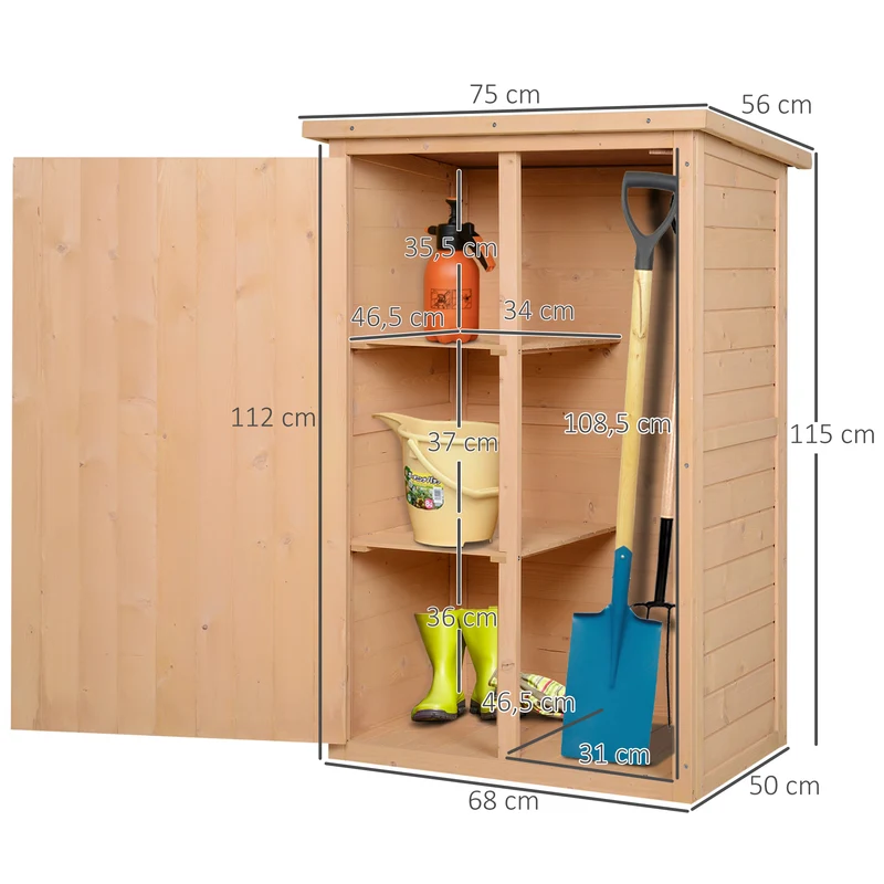 Outsunny Caseta de Jardín de Madera 75x56x115 cm Armario Cobertizo de Exterior para Herramientas con 3 Estantes Interiores Puerta con Pestillo y Techo Asfáltico Natural