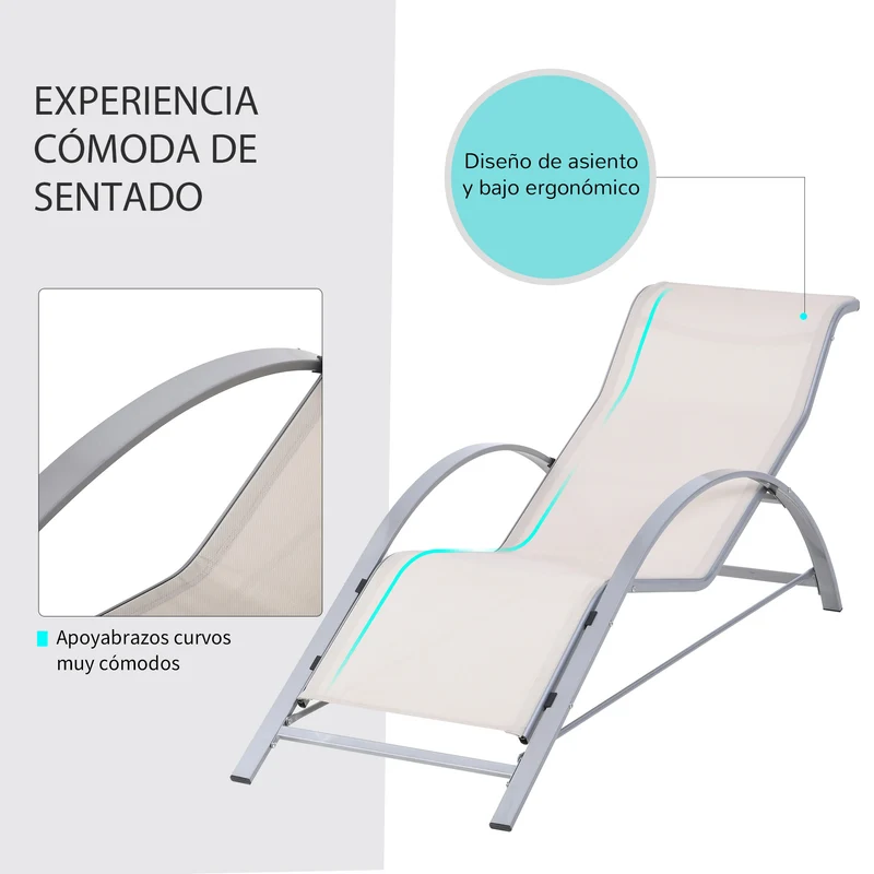 Outsunny Set de 2 Tumbonas Jardín Exterior con Mesa Auxiliar de Vidrio Templado Tumbonas con Respaldo Reposabrazos para Patio Piscina Terraza Exterior Beige
