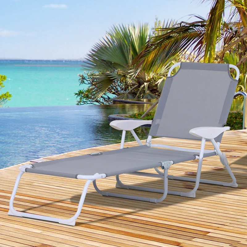 Outsunny Tumbona Reclinable y Plegable de Jardín con Respaldo Ajustable en 4 Posiciones Marco de Metal Texteline Transpirable 186x66x80 cm Gris