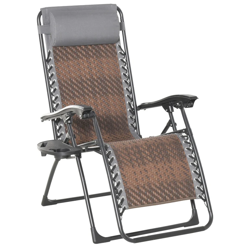 Outsunny Tumbona Plegable de Ratán con Respaldo Ajustable Reposacabezas Extraíble Portavasos y Soporte para Teléfono Jardín Terraza al Aire Libre 65x70x110 cm Marrón