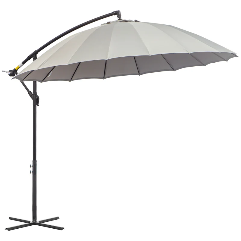 Outsunny Sombrilla Ø300 cm Parasol de Jardín con Manivela Manual 18 Costillas y Base Cruzada Gris