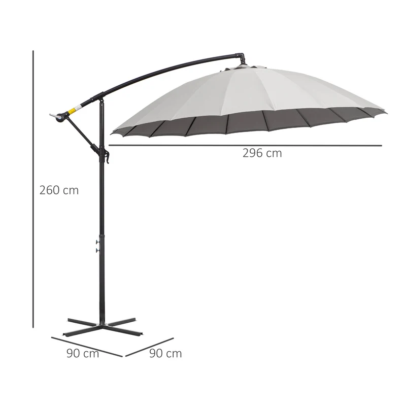 Outsunny Sombrilla Ø300 cm Parasol de Jardín con Manivela Manual 18 Costillas y Base Cruzada Gris