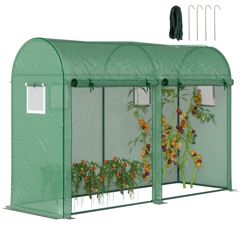 Outsunny Invernadero 300x100x200 cm Caseta de Jardín Invernadero con 4 Ventanas y 2 Puertas para Cultivos Plantas Flores de PE y Acero Verde