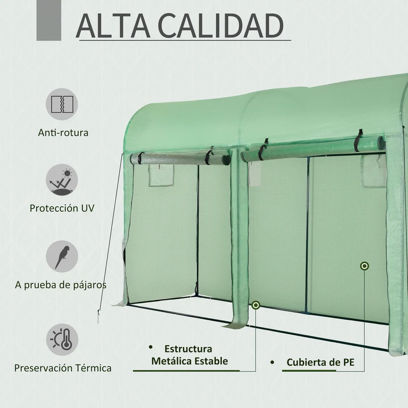 Outsunny Invernadero 300x100x200 cm Caseta de Jardín Invernadero con 4 Ventanas y 2 Puertas para Cultivos Plantas Flores de PE y Acero Verde