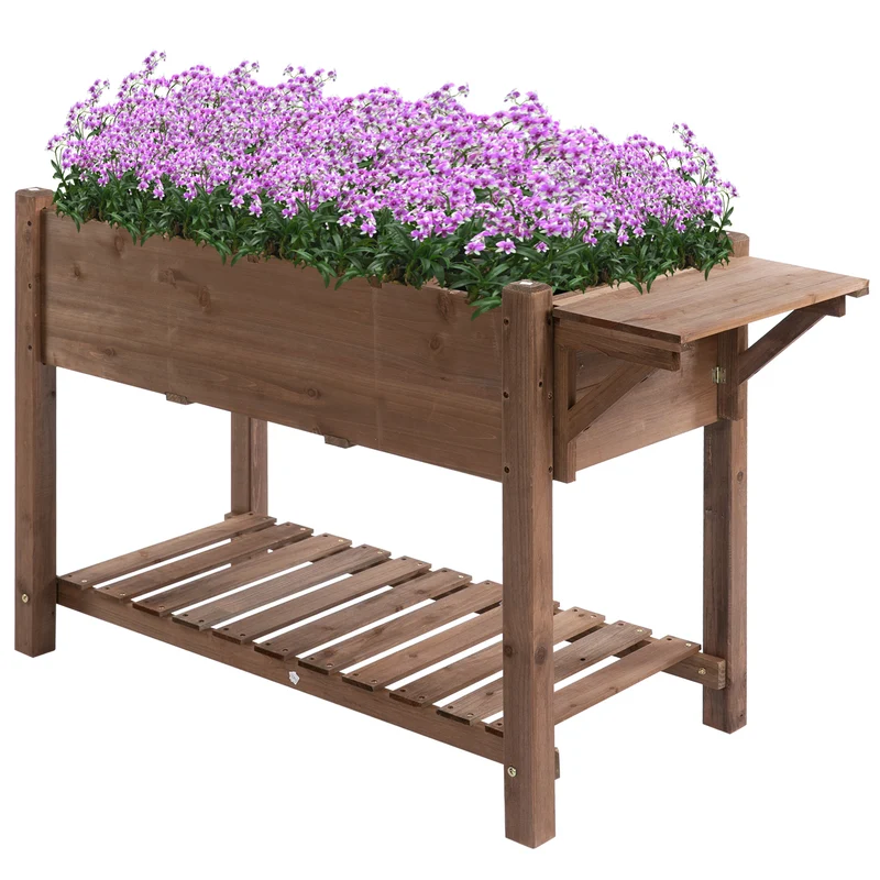 Outsunny Huerto Urbano con Estantes Jardinera Elevada de Madera Maciza para Cultivo Flores Verduras Hierbas 123x54x80 cm Marrón