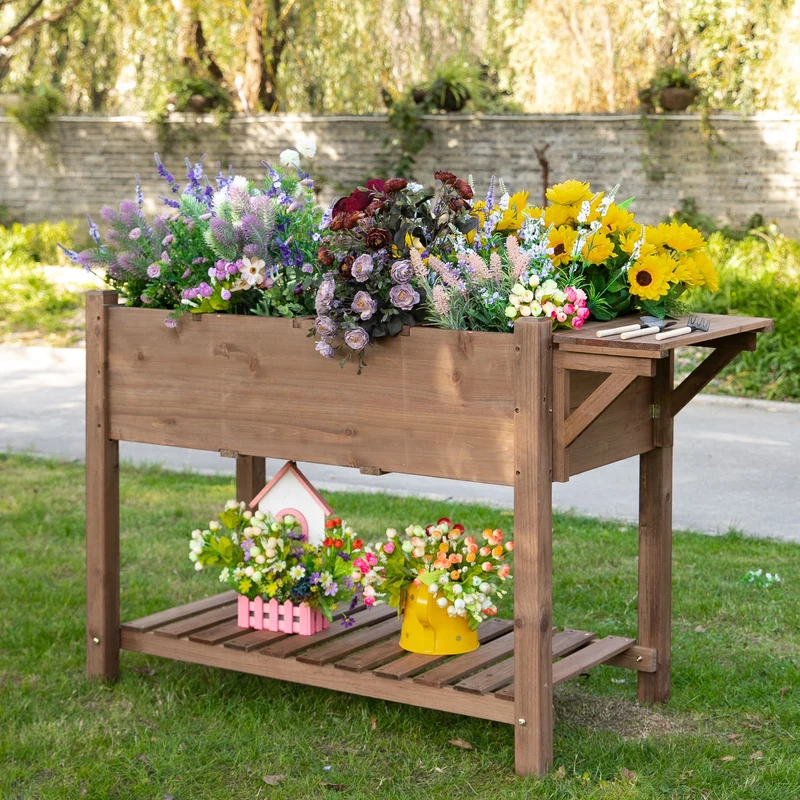 Outsunny Huerto Urbano con Estantes Jardinera Elevada de Madera Maciza para Cultivo Flores Verduras Hierbas 123x54x80 cm Marrón