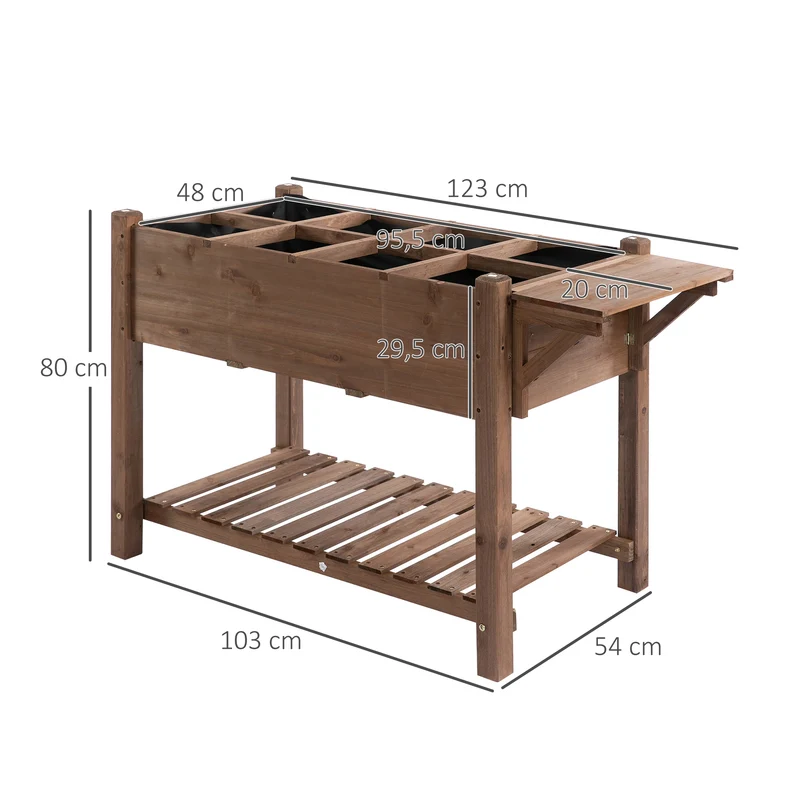 Outsunny Huerto Urbano con Estantes Jardinera Elevada de Madera Maciza para Cultivo Flores Verduras Hierbas 123x54x80 cm Marrón