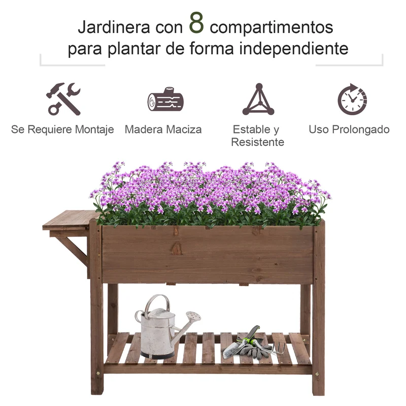 Outsunny Huerto Urbano con Estantes Jardinera Elevada de Madera Maciza para Cultivo Flores Verduras Hierbas 123x54x80 cm Marrón