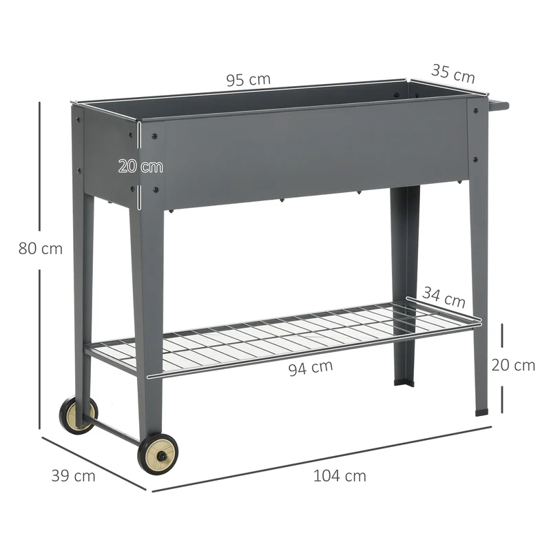 Outsunny Huerto Urbano Jardinera Elevada de Metal Cama de Jardín con Ruedas Asa Lateral y Estante Inferior para Cultivo Plantas Hortalizas Flores 104x39x80 cm Gris