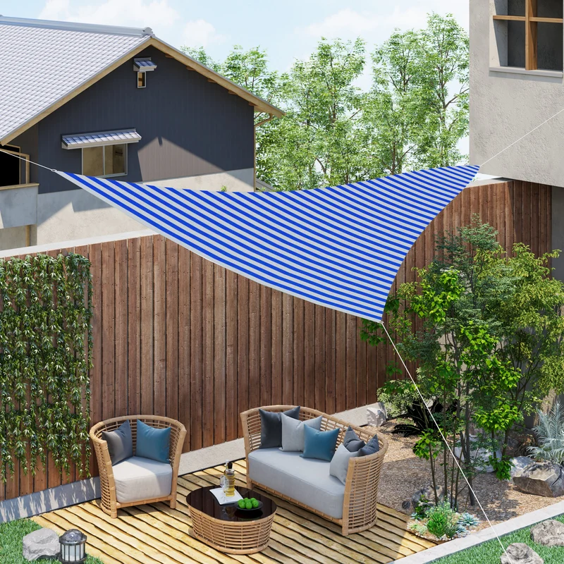 Outsunny Toldo Vela de Sombra Triangular 5x5x5 m HDPE Transpirable de Protección UV con Anillos y Cuerdas para Patio Jardín Piscina Terraza Cochera Azul y Blanco