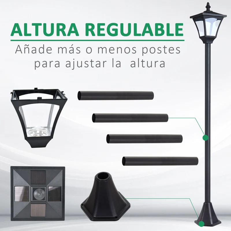 Outsunny Farol Solar de Jardín IP44 Lámpara de Pie con Luces Inteligentes LED para Exteriores Patio Terraza 15x15x120 cm Negro