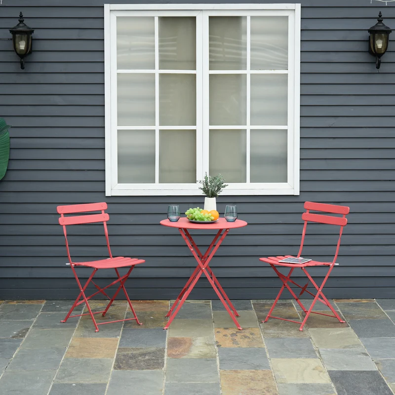 Outsunny Conjunto Muebles Plegables de Jardín de 3 piezas Mesa y 2 Sillas de Metal para Balcón Terraza Exteriores Ø60x71 cm Rojo