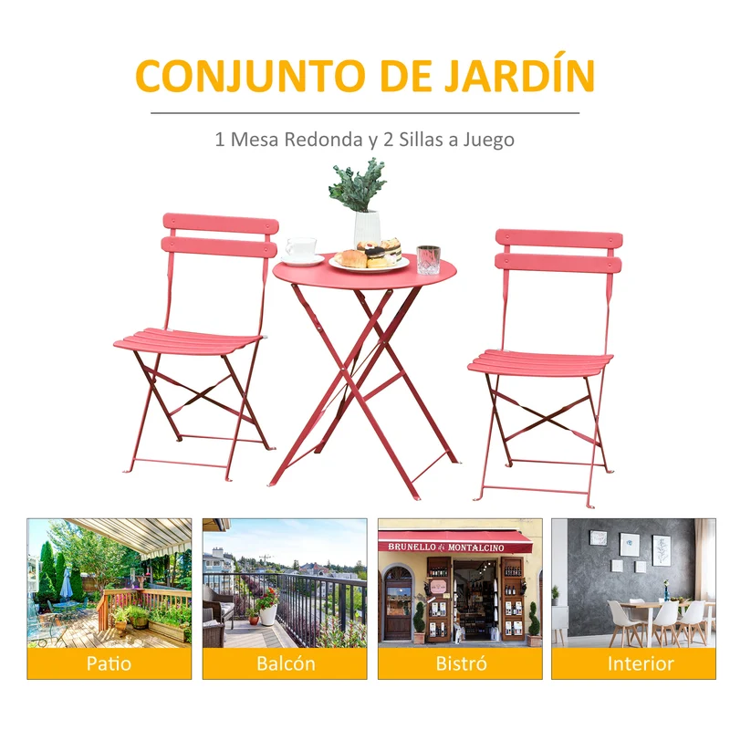 Outsunny Conjunto Muebles Plegables de Jardín de 3 piezas Mesa y 2 Sillas de Metal para Balcón Terraza Exteriores Ø60x71 cm Rojo