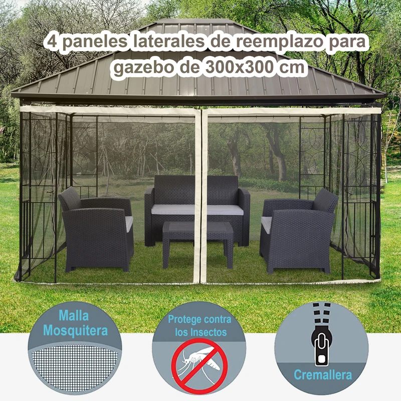 Outsunny 4 Paneles Laterales 3x2 cm para Carpa de Jardín Tela Mosquitera para Cenador Gazebo con Cremalleras y Anillas Negro