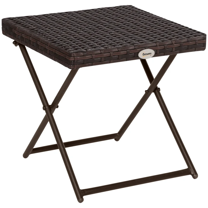 Outsunny Mesa de Jardín de Ratán Sintético 0,16 ㎡ Mesa de Terraza Exterior Plegable con Patas Cruzadas y Marco de Acero para Patio Balcón Marrón