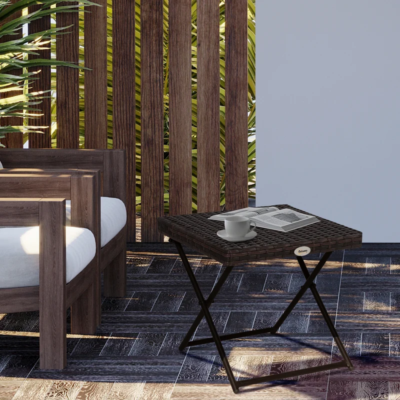 Outsunny Mesa de Jardín de Ratán Sintético 0,16 ㎡ Mesa de Terraza Exterior Plegable con Patas Cruzadas y Marco de Acero para Patio Balcón Marrón