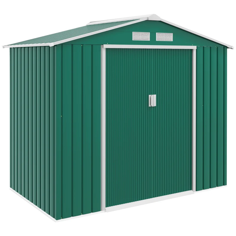Outsunny Cobertizo de Jardín 2,42m² con Base de Refuerzo Sin Suelo 213x130x185 cm Caseta de Jardín Exterior con 2 Puertas Correderas y 4 Ventanas para Almacenamiento de Herramientas Verde Oscuro