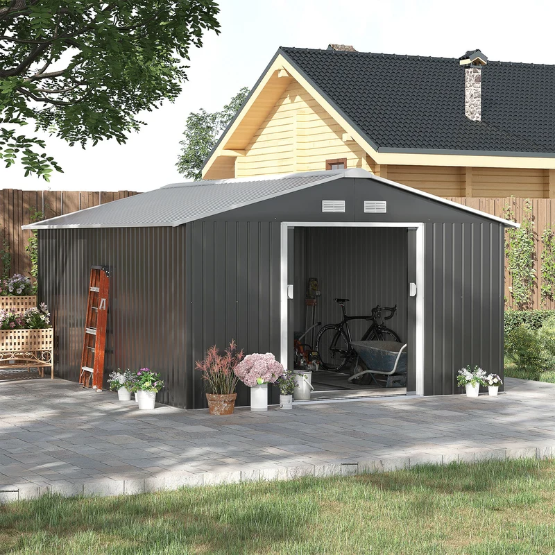 Outsunny Caseta de Jardín Exterior 12,4 m² 340x386x200 cm Cobertizo de Jardín Exterior con Puerta Corredera Techo Inclinado Base Refuerzo (Suelo NO Incluido) y 4 Ventanas Gris Oscuro