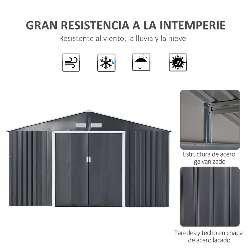 Outsunny Caseta de Jardín Exterior 12,4 m² 340x386x200 cm Cobertizo de Jardín Exterior con Puerta Corredera Techo Inclinado Base Refuerzo (Suelo NO Incluido) y 4 Ventanas Gris Oscuro