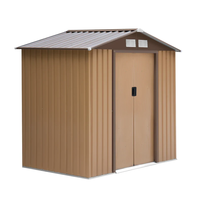 Outsunny Cobertizo de Jardín 2,42m² con Base de Refuerzo Sin Suelo 213x130x185 cm Caseta de Jardín Exterior con 2 Puertas Correderas y 4 Ventanas para Almacenamiento de Herramientas Caqui