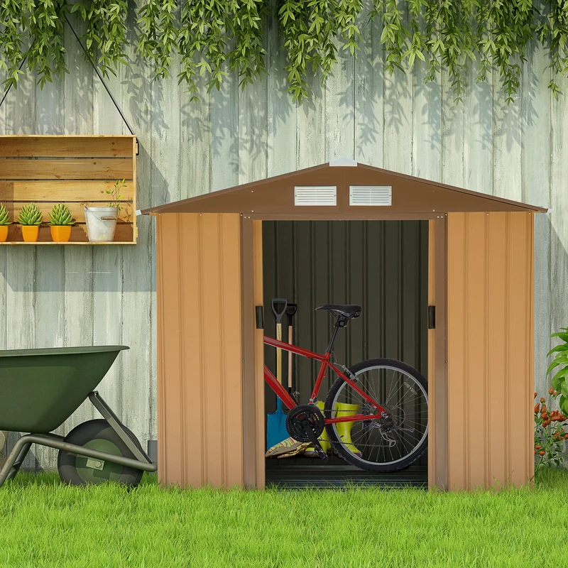Outsunny Cobertizo de Jardín 2,42m² con Base de Refuerzo Sin Suelo 213x130x185 cm Caseta de Jardín Exterior con 2 Puertas Correderas y 4 Ventanas para Almacenamiento de Herramientas Caqui