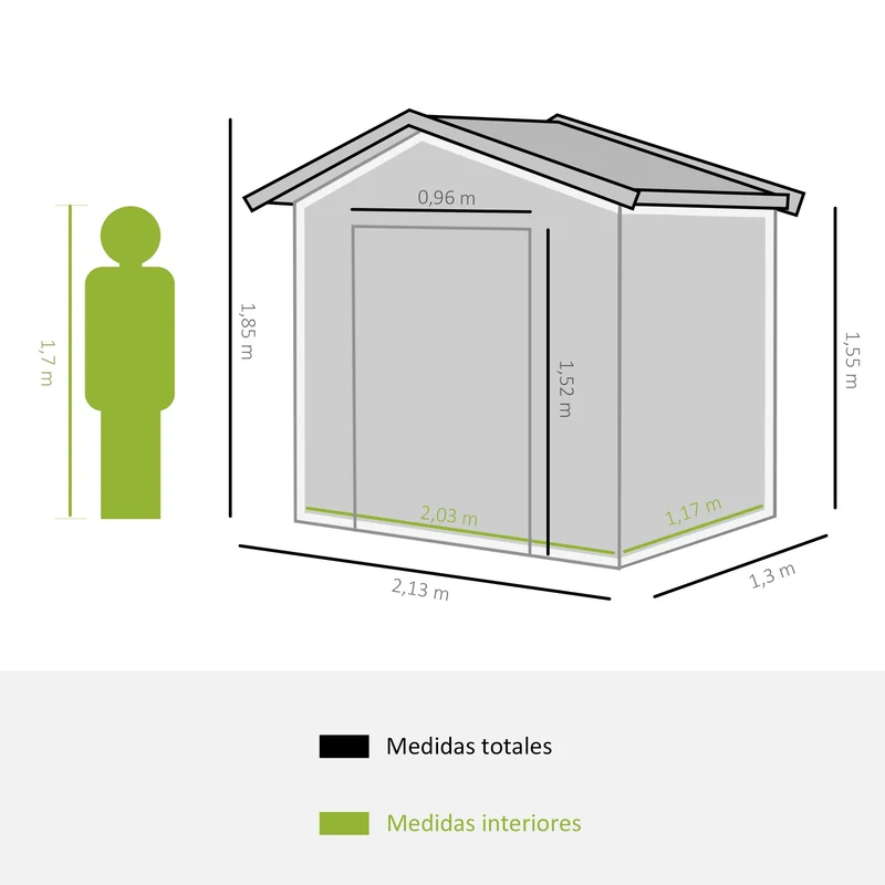 Outsunny Cobertizo de Jardín 2,42m² con Base de Refuerzo Sin Suelo 213x130x185 cm Caseta de Jardín Exterior con 2 Puertas Correderas y 4 Ventanas para Almacenamiento de Herramientas Caqui