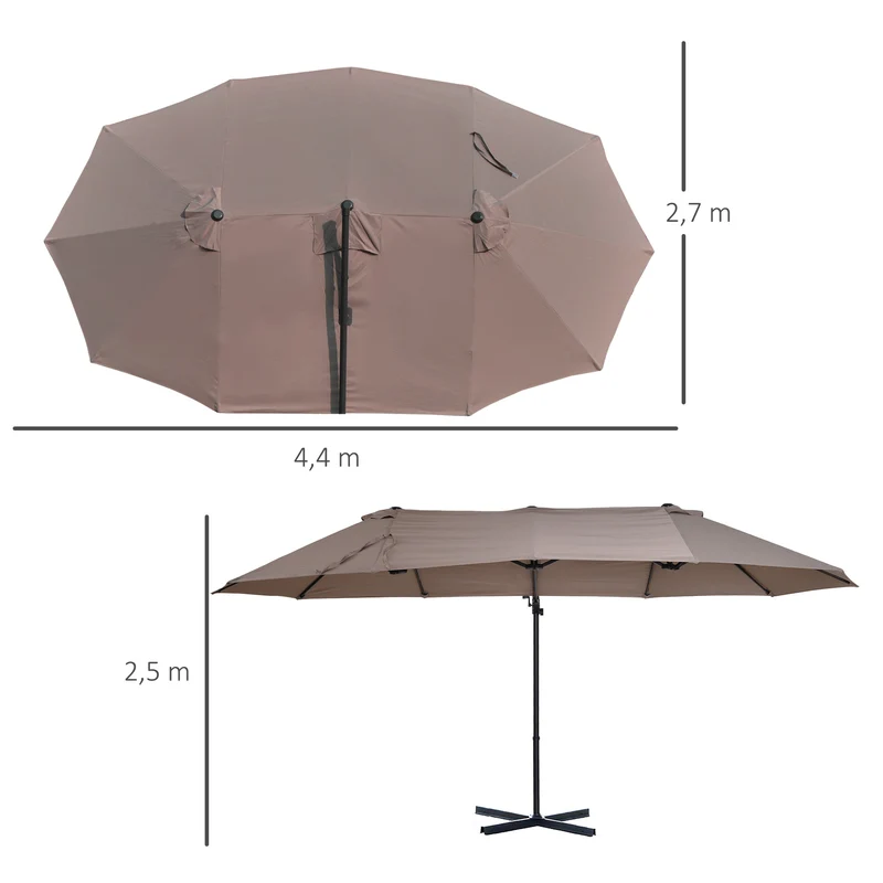 Outsunny Sombrilla Doble Parasol Grande Inclinable para Jardín con Manivela Abrir y Cerrar Fácilmente 12 Varillas de Acero Ofrece Una Alta Estabilidad 270x440x250 cm Marrón y Negro