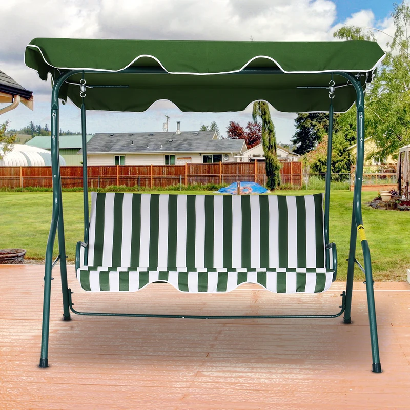 Outsunny Columpio Balancín de Jardín Exterior 3 Plazas de Metal con Cojín y Techo Ajustable para Balcón Terraza Carga 200 kg 170x110x153 cm Raya Verde
