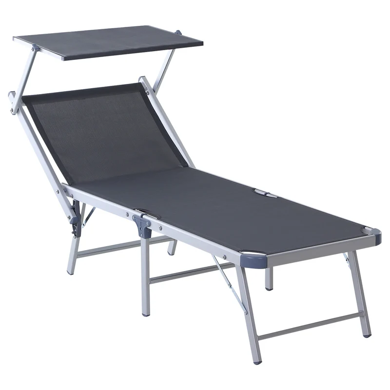 Outsunny Tumbona Plegable y Reclinable de Aluminio con Toldo Incorporado para Piscina Jardín Terraza Exterior Carga 120 kg 169x72x50/70cm Gris