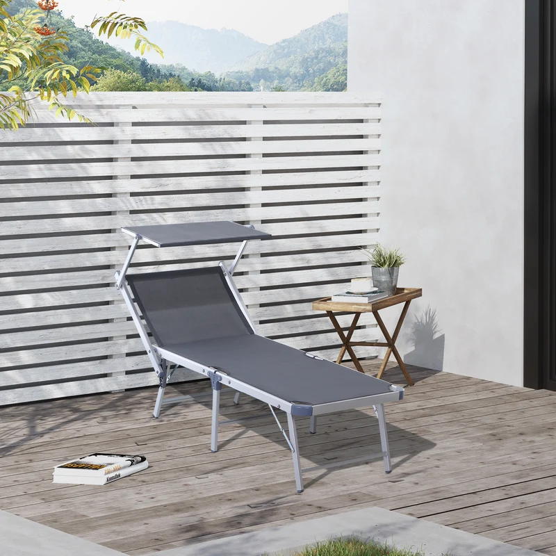 Outsunny Tumbona Plegable y Reclinable de Aluminio con Toldo Incorporado para Piscina Jardín Terraza Exterior Carga 120 kg 169x72x50/70cm Gris