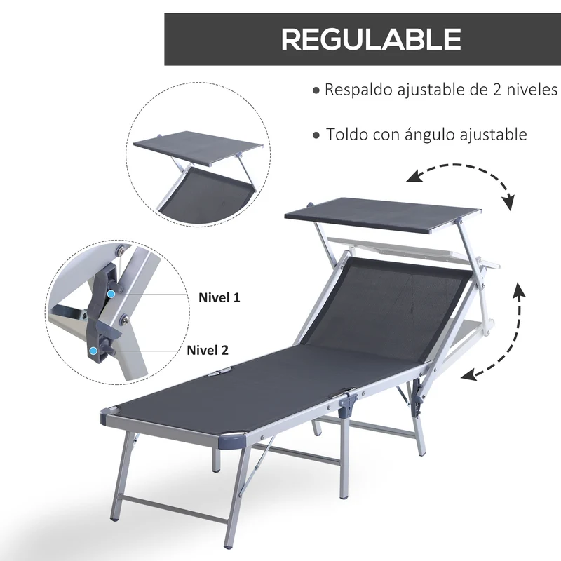 Outsunny Tumbona Plegable y Reclinable de Aluminio con Toldo Incorporado para Piscina Jardín Terraza Exterior Carga 120 kg 169x72x50/70cm Gris