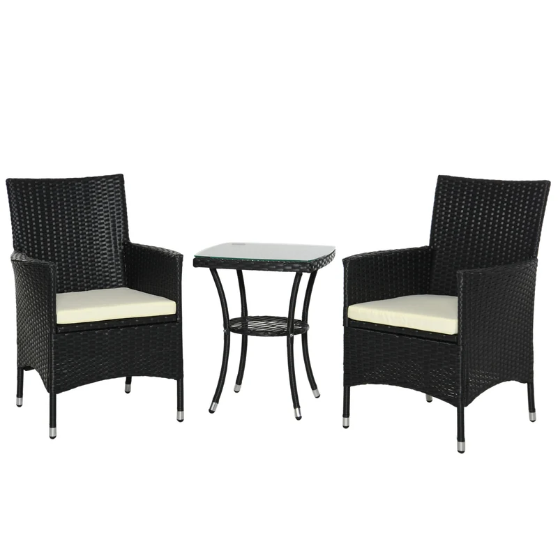 Conjunto jardín ratán 3 piezas – mesa y 2 sillones con cojines, estructura metal, terraza y patio, negro | Outsunny