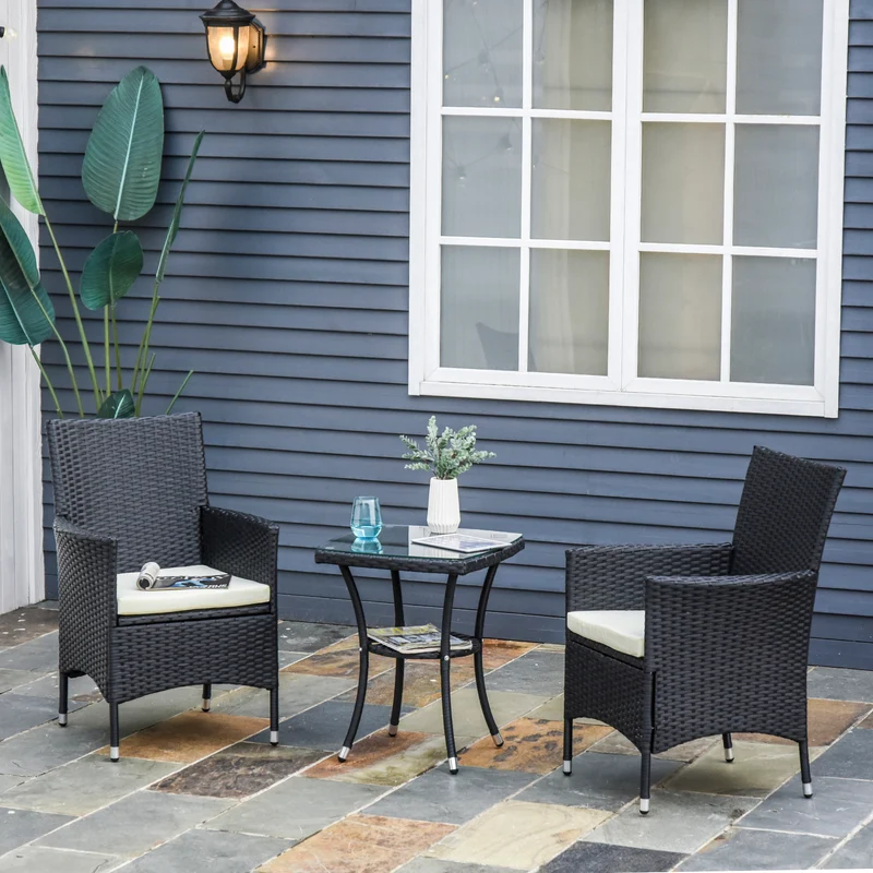 Conjunto jardín ratán 3 piezas – mesa y 2 sillones con cojines, estructura metal, terraza y patio, negro | Outsunny
