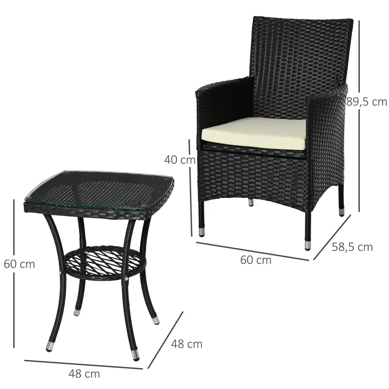 Conjunto jardín ratán 3 piezas – mesa y 2 sillones con cojines, estructura metal, terraza y patio, negro | Outsunny