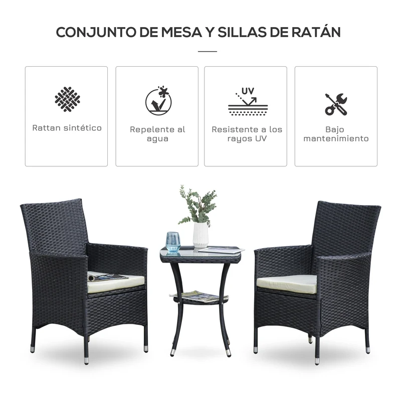 Conjunto jardín ratán 3 piezas – mesa y 2 sillones con cojines, estructura metal, terraza y patio, negro | Outsunny