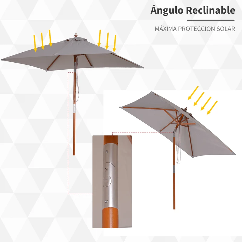 Outsunny Sombrilla Terraza Exterior 200x150 cm Sombrilla de Jardín Rectangular con Ángulo Ajustable Mástil de Madera y Manivela Parasol para Patio Terraza Gris
