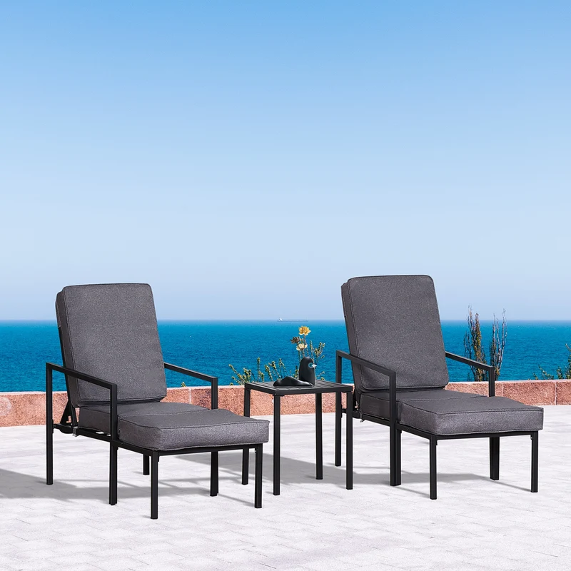 Outsunny Conjunto Mueble Exterior Apto Jardín Incluye 2 Sillas 2 Taburetes 1 Mesa para Café con Cojín Suave 5 Niveles en Respaldo Reclinable Gris y Negro