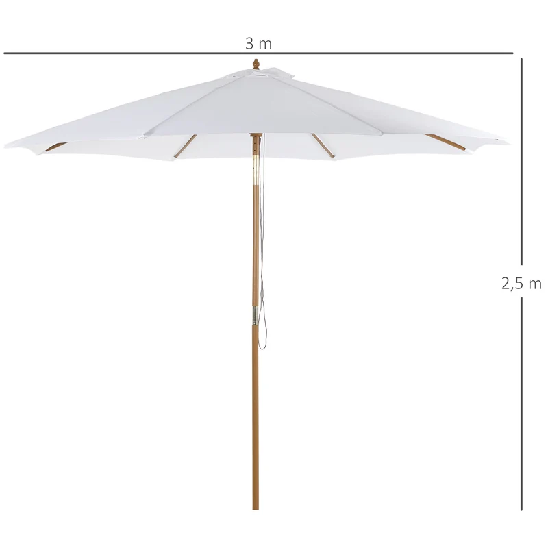 Outsunny Sombrilla Parasol de Madera Grande Ø300x250cm para Exterior Jardín Patio Altura Ajustable en 3 Niveles Desmontable Portátil Fácil de Guardar y Transportar Color Marfil
