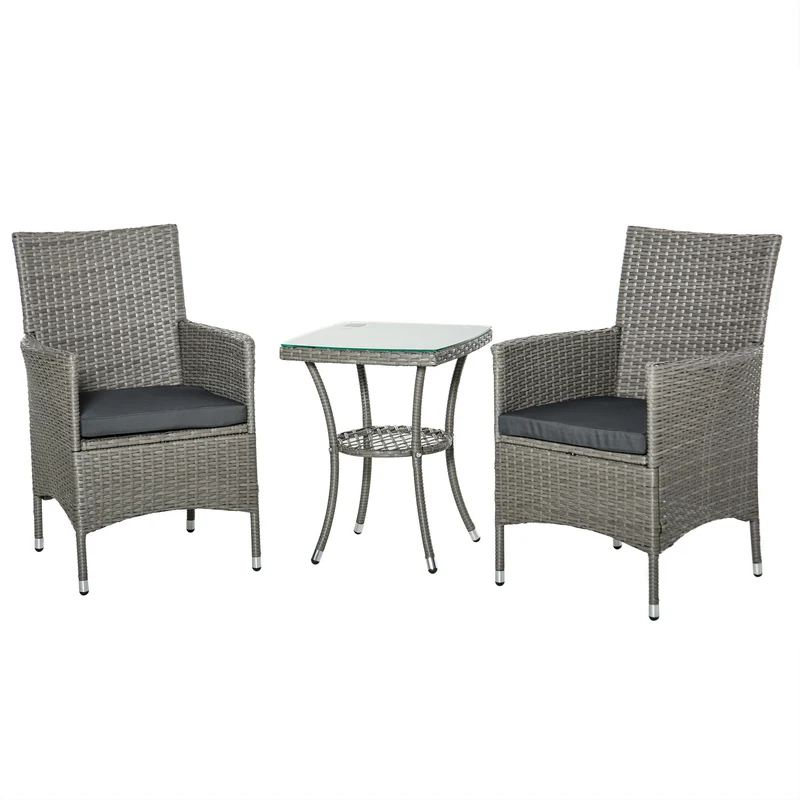 Conjunto jardín ratán 3 piezas – mesa y 2 sillones con cojines, estructura metal, terraza y patio, gris | Outsunny