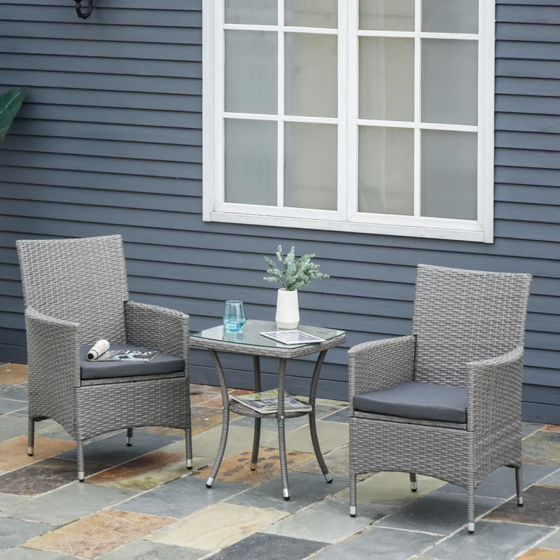 Conjunto jardín ratán 3 piezas – mesa y 2 sillones con cojines, estructura metal, terraza y patio, gris | Outsunny