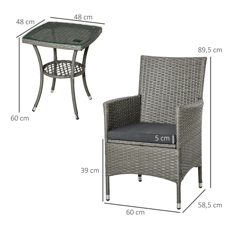 Conjunto jardín ratán 3 piezas – mesa y 2 sillones con cojines, estructura metal, terraza y patio, gris | Outsunny