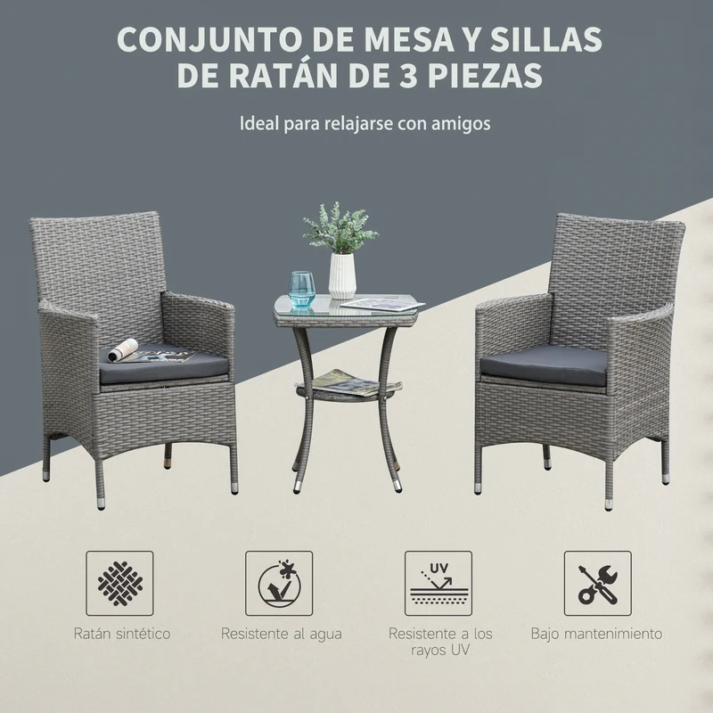 Conjunto jardín ratán 3 piezas – mesa y 2 sillones con cojines, estructura metal, terraza y patio, gris | Outsunny