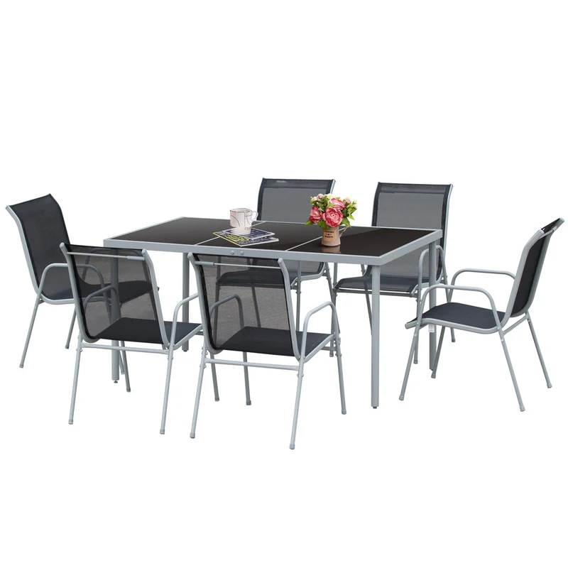 Outsunny Conjunto de Muebles Exterior para Jardín de 7 Piezas Incluye 1 Mesa y 6 Sillas con Resposabrazos Fabricado a Acero Decorativo Estilo Moderno Limpiar Fácil 150x90x72cm Color Negro