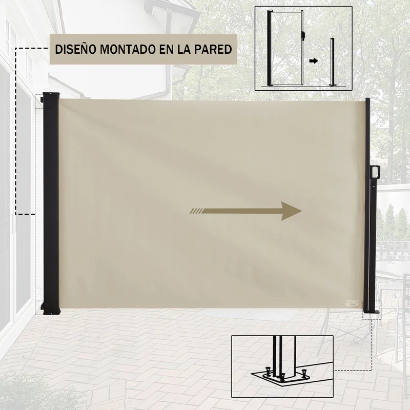Outsunny Toldo Lateral Retráctil Exterior 350x180cm Pantalla de Privacidad contra Sol Viento Visión para Jardín Patio Balcón Tejado Hecho de Aluminio Poliéster Montar Utilizar Fácil Beige