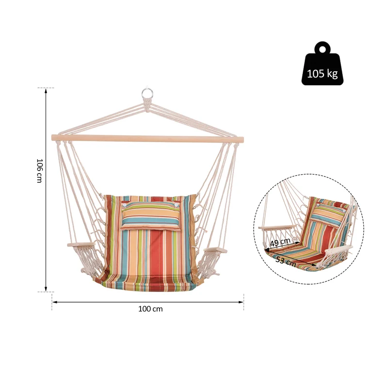 Outsunny Silla Colgante Estampado Rayas Hamaca con Cojín Reposacabezas para Interior Exterior 100x106 cm Carga Máx. 100 kg
