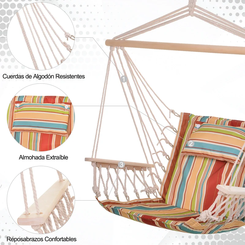 Outsunny Silla Colgante Estampado Rayas Hamaca con Cojín Reposacabezas para Interior Exterior 100x106 cm Carga Máx. 100 kg